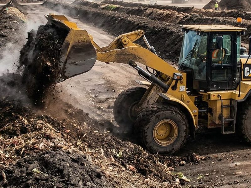 Wheel loader turning steaming compost windrow at an industrial organic waste processing site.