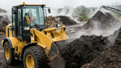 compost loading Wheel loader moving steaming compost piles in an outdoor composting facility with visible airborne emissions and organic dust.
