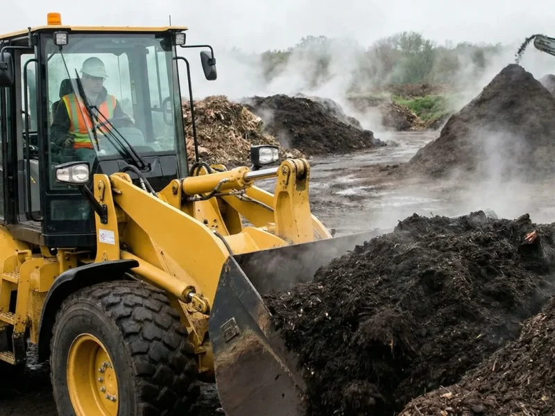 Wheel loader moving steaming compost piles in an outdoor composting facility with visible airborne emissions and organic dust.