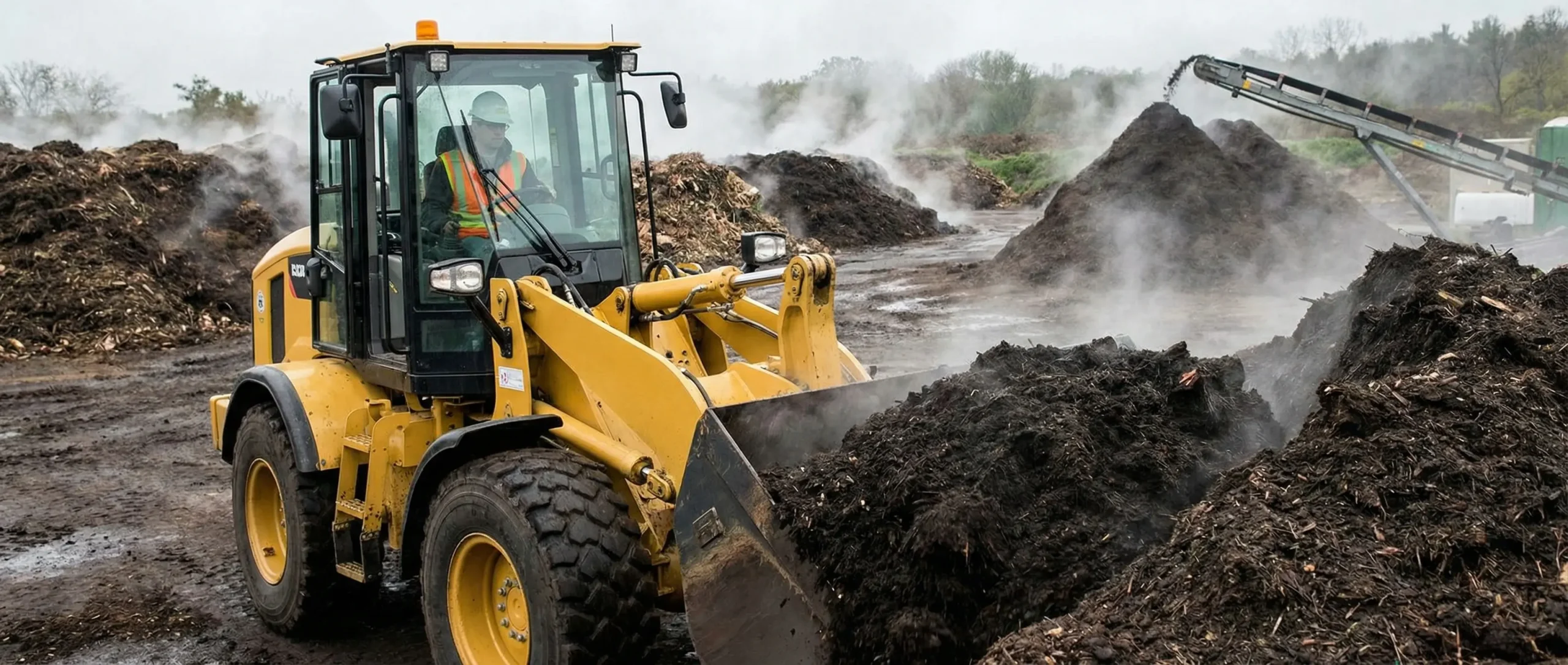 Wheel loader moving steaming compost piles in an outdoor composting facility with visible airborne emissions and organic dust.