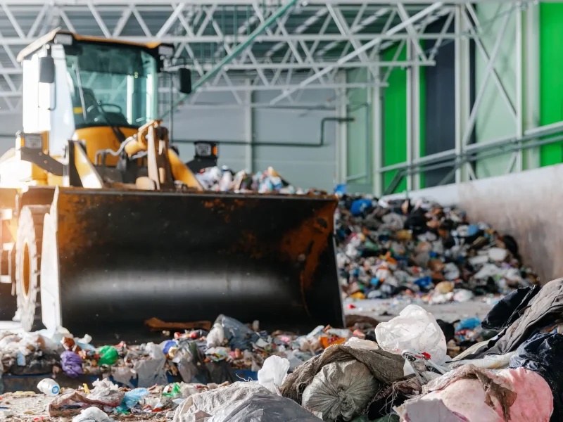 Wheel loader moving mixed waste inside a recycling facility.