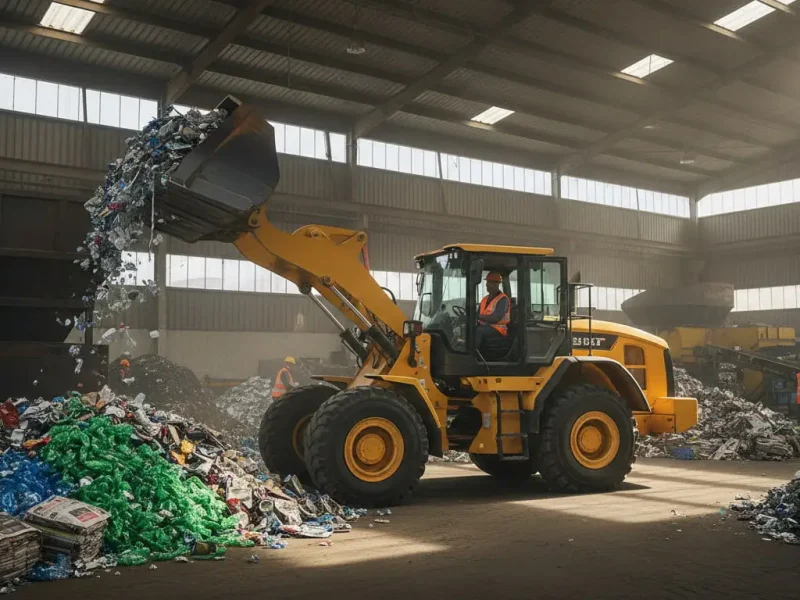 Wheel loader operator working in a dusty recycling environment where exposure to airborne particles requires clean cabin air protection