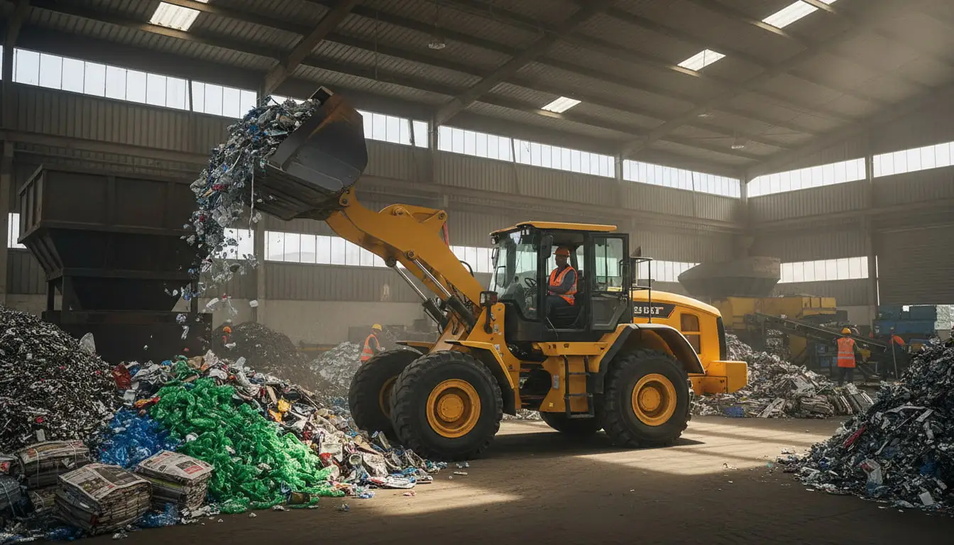 Wheel loader operator working in a dusty recycling environment where exposure to airborne particles requires clean cabin air protection