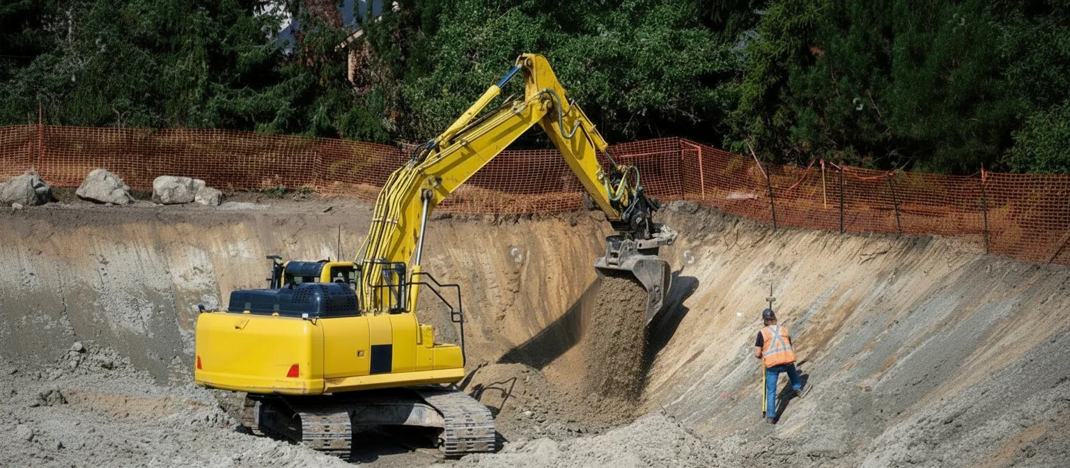 Yellow excavator operating in a dusty excavation site with BMair protective ventilation systems for clean cabin air and operator protection.