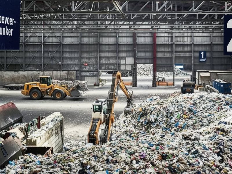 Wiellader en graafmachine aan het werk in een afval- en recyclinghal met grote hoeveelheden afval, waar BMair filteroverdruksystemen machinisten beschermen tegen stof en schadelijke stoffen.