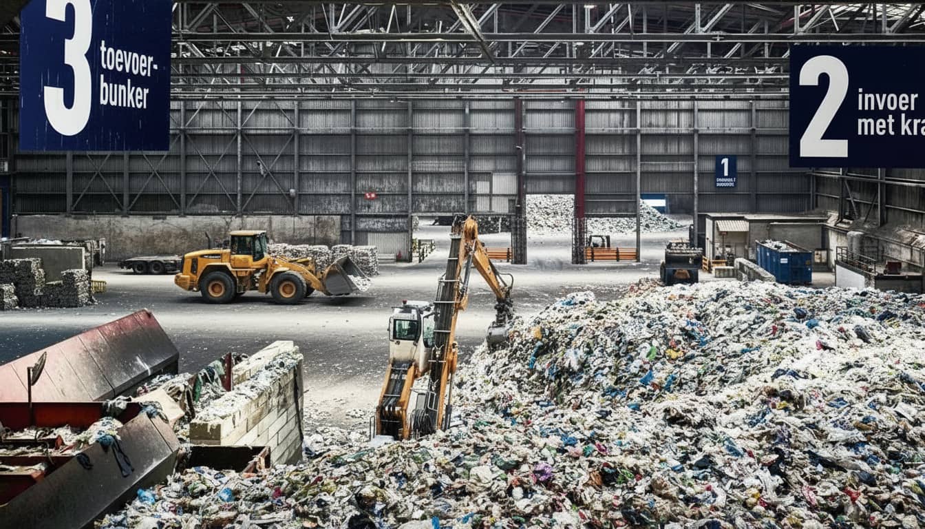Wiellader en graafmachine aan het werk in een afval- en recyclinghal met grote hoeveelheden afval, waar BMair filteroverdruksystemen machinisten beschermen tegen stof en schadelijke stoffen.